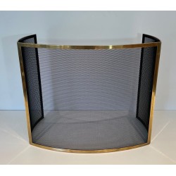 Design Large Curved Fireplace Screen in Black Steel Mesh with Polished Brass Frame