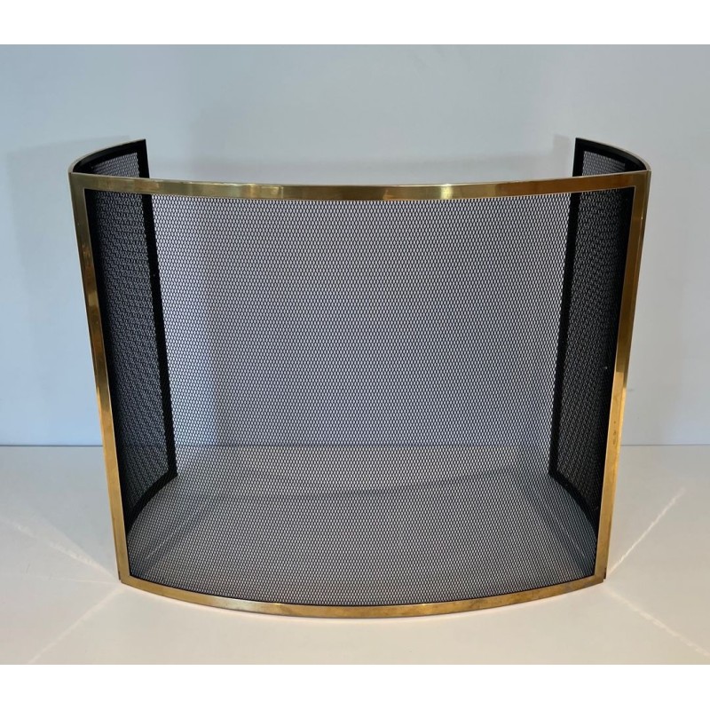 Design Large Curved Fireplace Screen in Black Steel Mesh with Polished Brass Frame