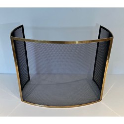 Design Large Curved Fireplace Screen in Black Steel Mesh with Polished Brass Frame