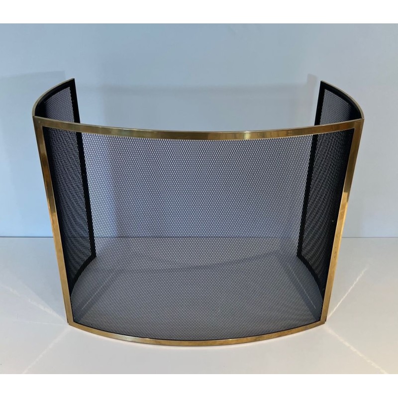 Design Large Curved Fireplace Screen in Black Steel Mesh with Polished Brass Frame