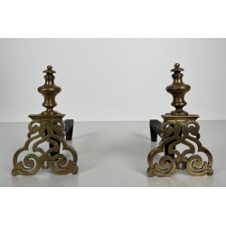 Pair of Chiseled Bronze and Wrought Iron Andirons in the Louis XV Style