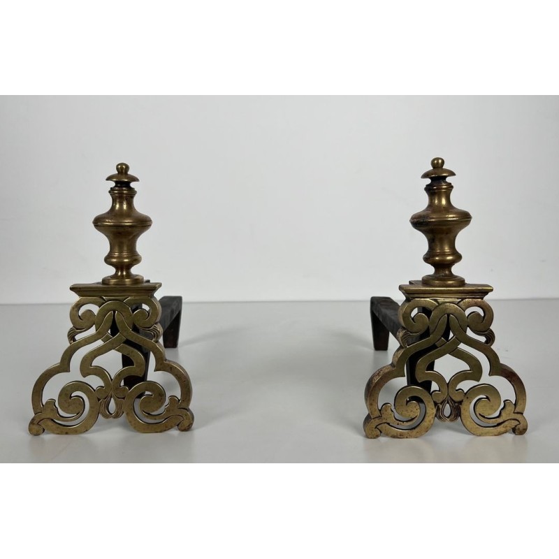 Pair of Chiseled Bronze and Wrought Iron Andirons in the Louis XV Style