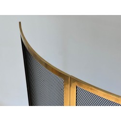 Design Large Curved Fireplace Screen in Black Steel Mesh with Polished Brass Frame