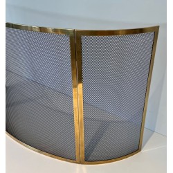 Design Large Curved Fireplace Screen in Black Steel Mesh with Polished Brass Frame
