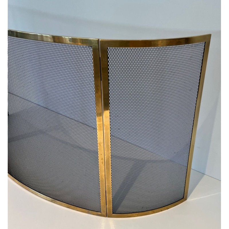 Design Large Curved Fireplace Screen in Black Steel Mesh with Polished Brass Frame