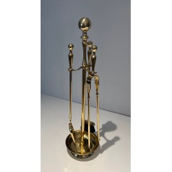 Nécessaire de Feu Néoclassique en Laiton Poli sur Support Columnaire à Base en Plateau Circulaire