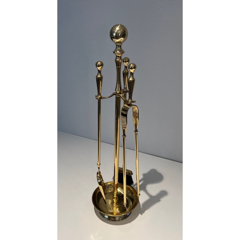 Neoclassical Style Polished Brass Fireplace Companion Set on Columnar Stand with Dish Base