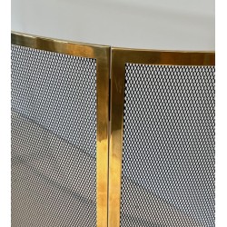 Design Large Curved Fireplace Screen in Black Steel Mesh with Polished Brass Frame