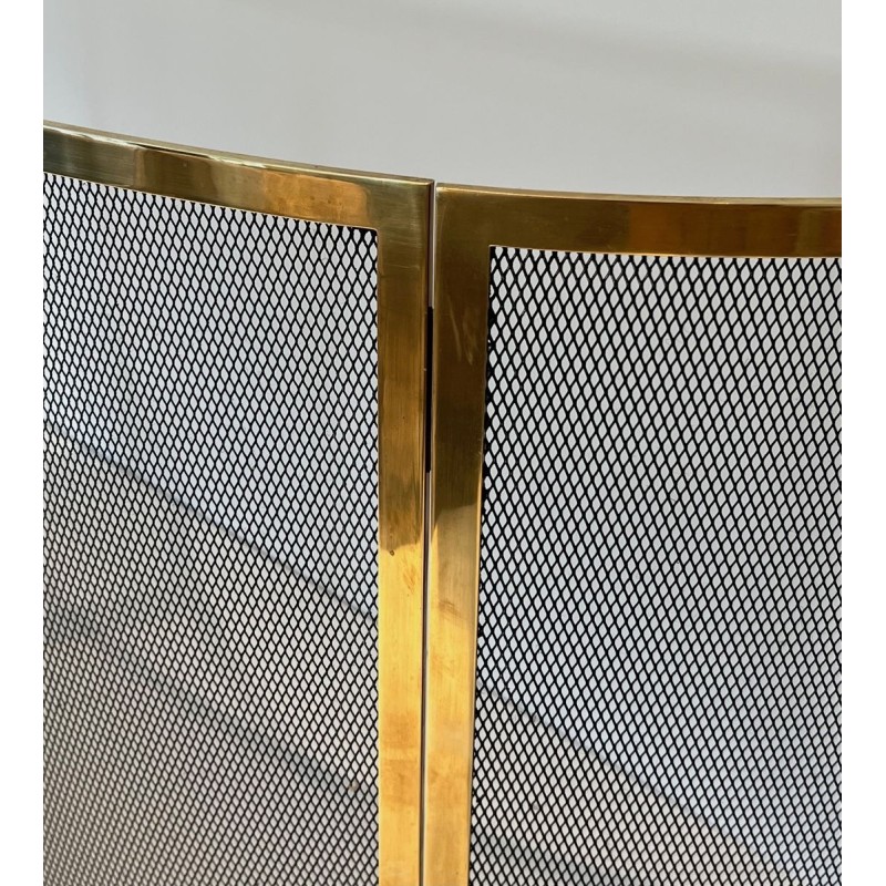 Design Large Curved Fireplace Screen in Black Steel Mesh with Polished Brass Frame