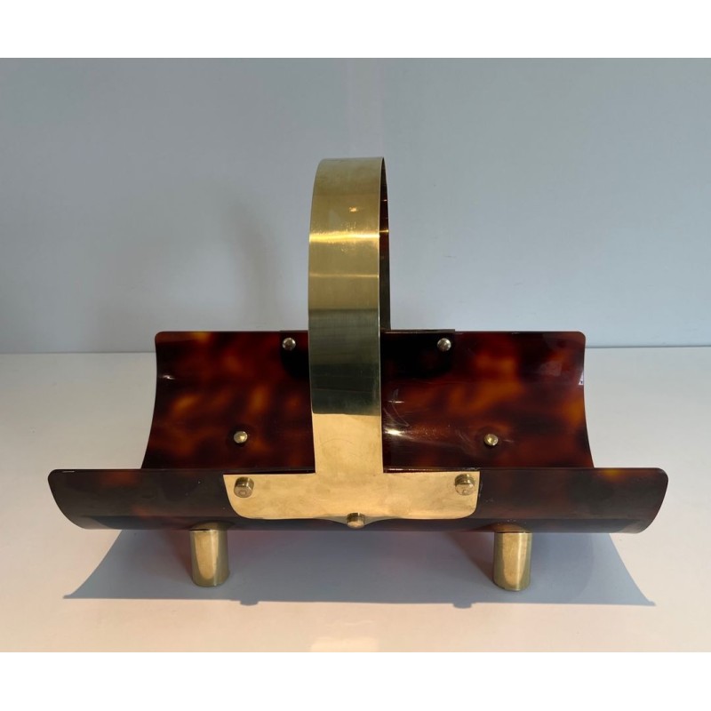 Log Holder in Tortoiseshell-Effect Lucite and Brass