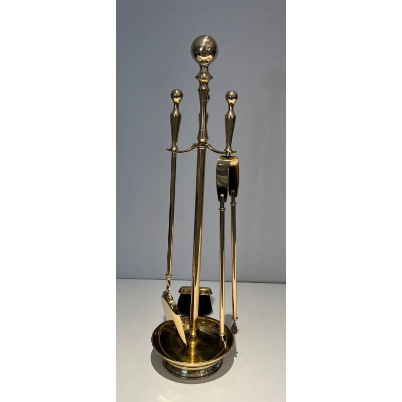 Neoclassical Style Polished Brass Fireplace Companion Set on Columnar Stand with Dish Base
