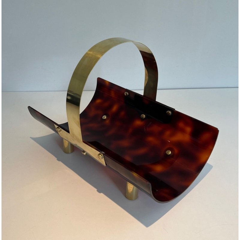 Log Holder in Tortoiseshell-Effect Lucite and Brass