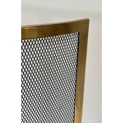 Design Large Curved Fireplace Screen in Black Steel Mesh with Polished Brass Frame