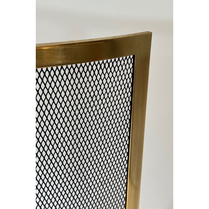 Design Large Curved Fireplace Screen in Black Steel Mesh with Polished Brass Frame
