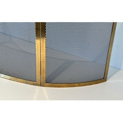 Design Large Curved Fireplace Screen in Black Steel Mesh with Polished Brass Frame