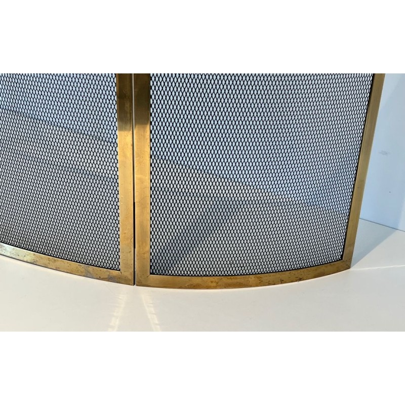 Design Large Curved Fireplace Screen in Black Steel Mesh with Polished Brass Frame