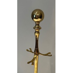 Nécessaire de Feu Néoclassique en Laiton Poli sur Support Columnaire à Base en Plateau Circulaire