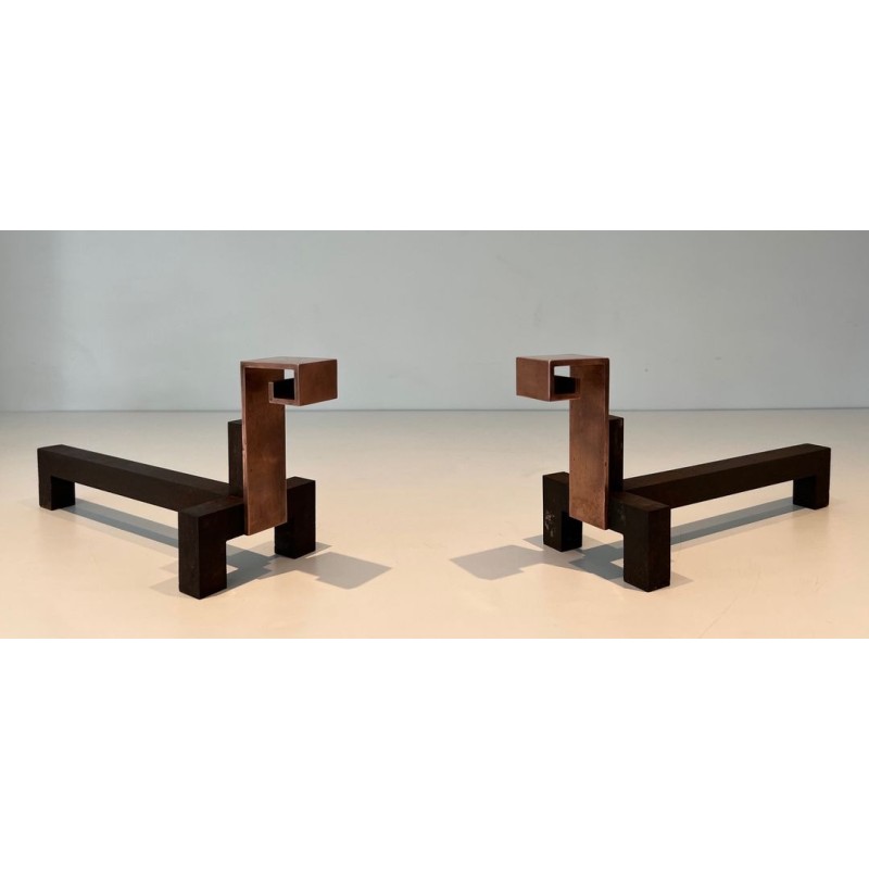 Pair of Brutalist Copper and Wrought Iron Andirons with Geometric Block Finials