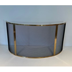 Design Large Curved Fireplace Screen in Black Steel Mesh with Polished Brass Frame