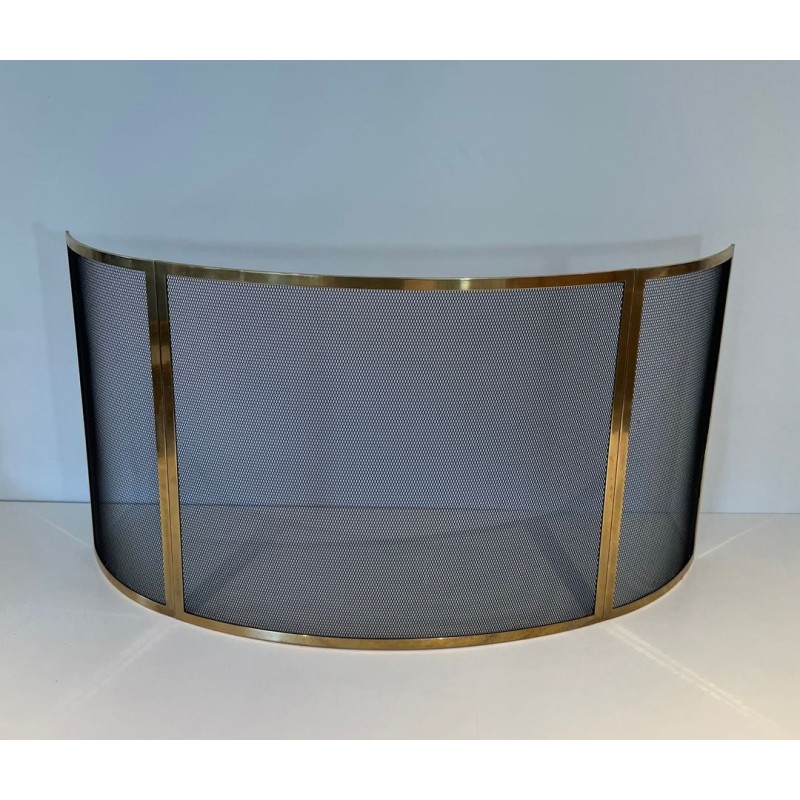 Design Large Curved Fireplace Screen in Black Steel Mesh with Polished Brass Frame