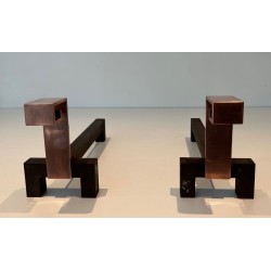 Pair of Brutalist Copper and Wrought Iron Andirons with Geometric Block Finials