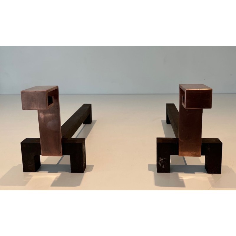 Pair of Brutalist Copper and Wrought Iron Andirons with Geometric Block Finials