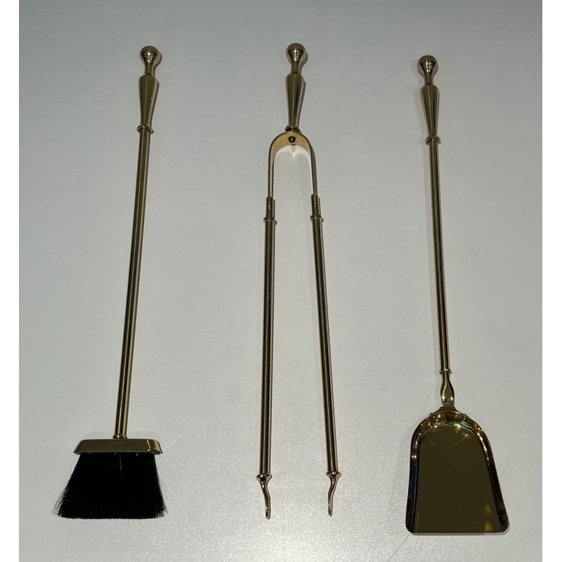 Neoclassical Style Polished Brass Fireplace Companion Set on Columnar Stand with Dish Base