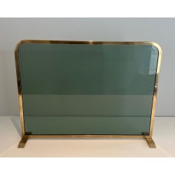 Design Single-Panel Fireplace Screen in Green-Tinted Glass with Beaded Brass Frame