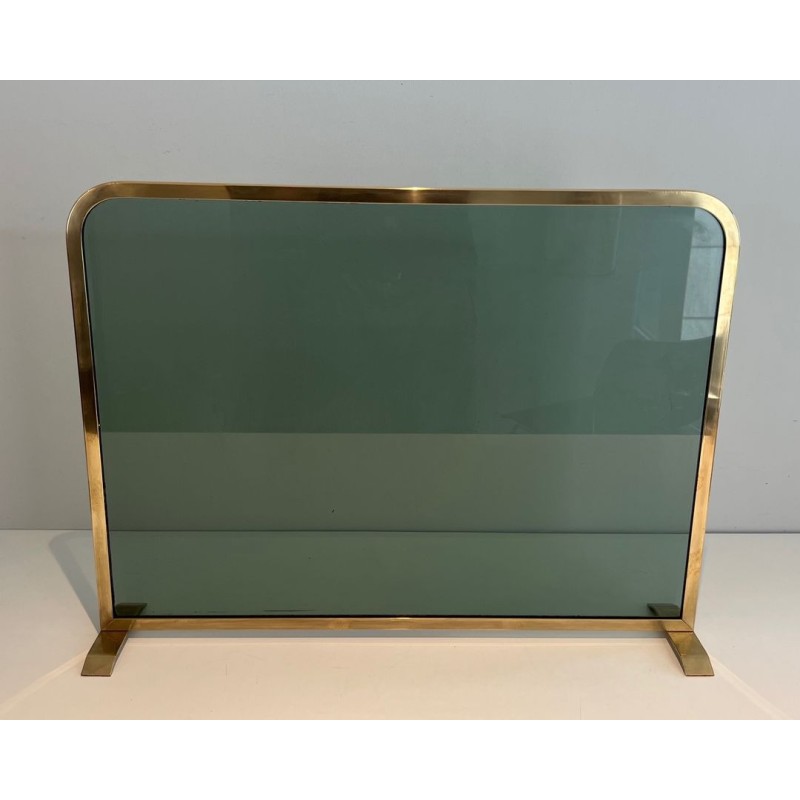 Design Single-Panel Fireplace Screen in Green-Tinted Glass with Beaded Brass Frame