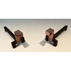 Pair of Brutalist Copper and Wrought Iron Andirons with Geometric Block Finials