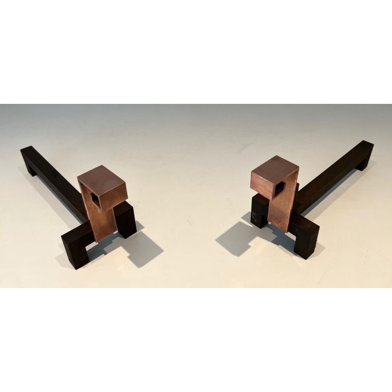 Pair of Brutalist Copper and Wrought Iron Andirons with Geometric Block Finials