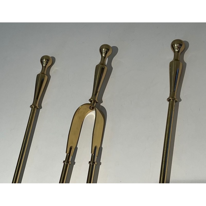 Neoclassical Style Polished Brass Fireplace Companion Set on Columnar Stand with Dish Base