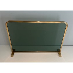 Design Single-Panel Fireplace Screen in Green-Tinted Glass with Beaded Brass Frame