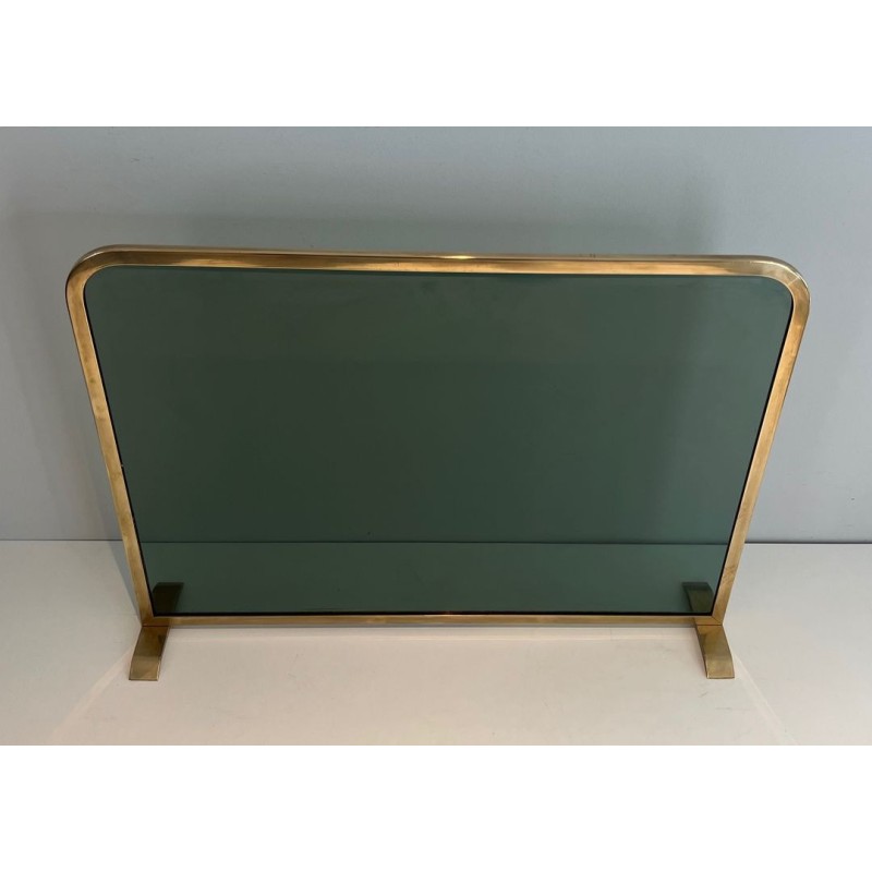 Pare-Feu Design à Panneau Unique en Verre Teinté Vert avec Cadre en Laiton Perlé