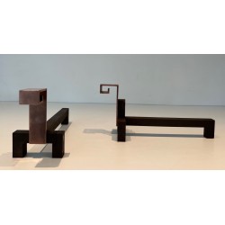 Pair of Brutalist Copper and Wrought Iron Andirons with Geometric Block Finials