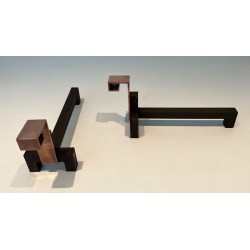 Pair of Brutalist Copper and Wrought Iron Andirons with Geometric Block Finials
