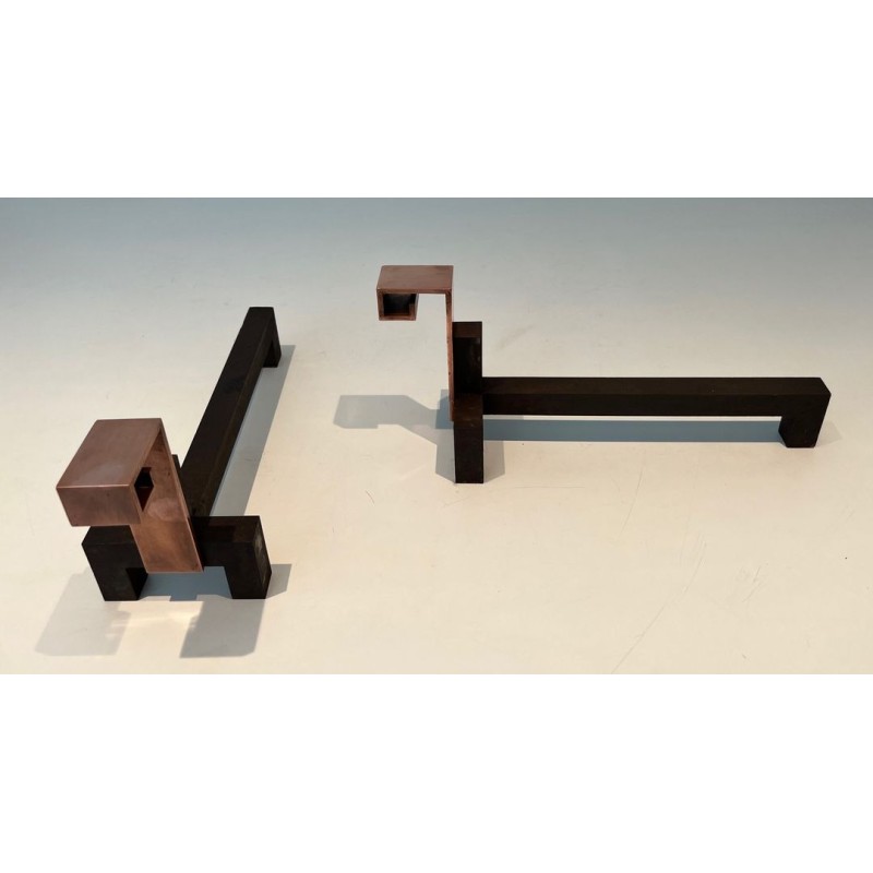 Pair of Brutalist Copper and Wrought Iron Andirons with Geometric Block Finials