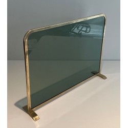 Design Single-Panel Fireplace Screen in Green-Tinted Glass with Beaded Brass Frame