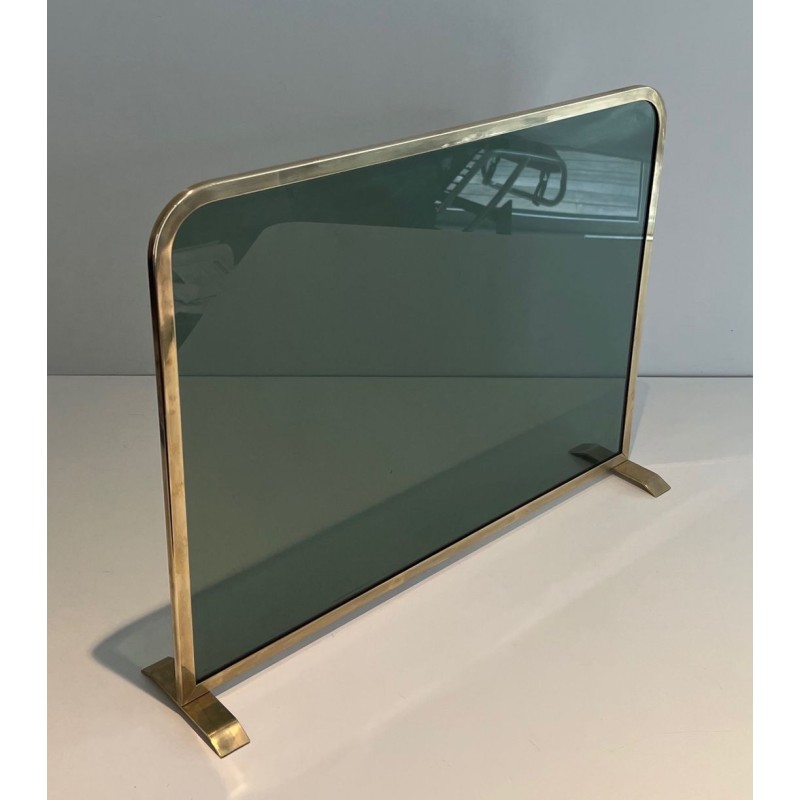 Pare-Feu Design à Panneau Unique en Verre Teinté Vert avec Cadre en Laiton Perlé
