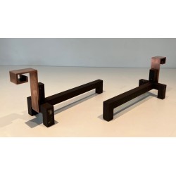 Pair of Brutalist Copper and Wrought Iron Andirons with Geometric Block Finials