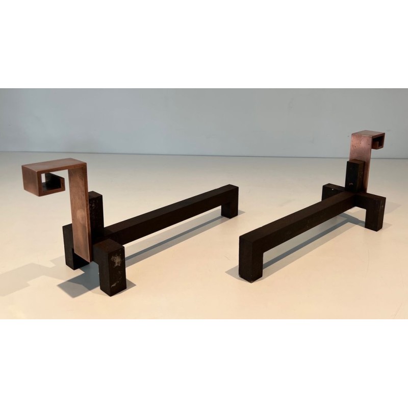 Pair of Brutalist Copper and Wrought Iron Andirons with Geometric Block Finials