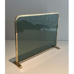 Design Single-Panel Fireplace Screen in Green-Tinted Glass with Beaded Brass Frame
