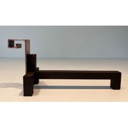 Pair of Brutalist Copper and Wrought Iron Andirons with Geometric Block Finials