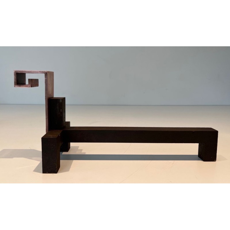 Pair of Brutalist Copper and Wrought Iron Andirons with Geometric Block Finials