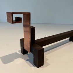 Pair of Brutalist Copper and Wrought Iron Andirons with Geometric Block Finials