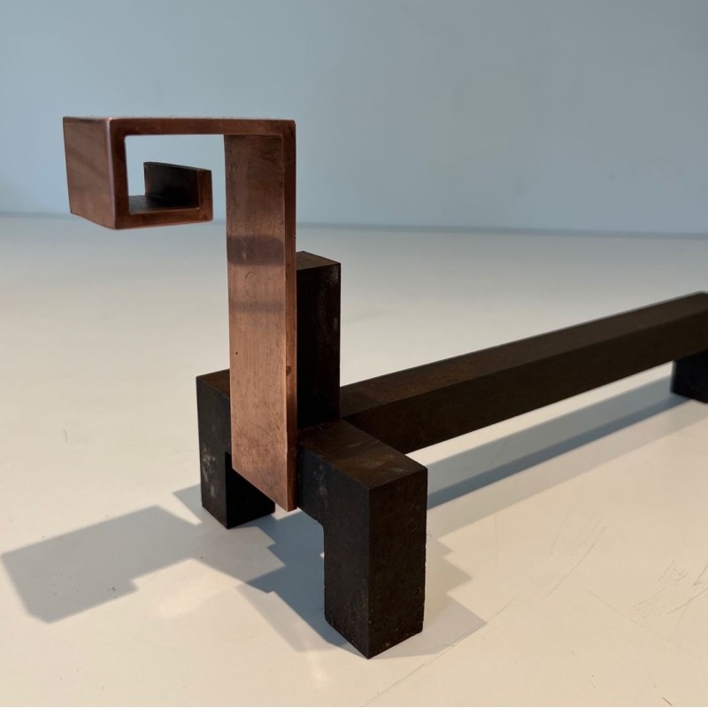 Pair of Brutalist Copper and Wrought Iron Andirons with Geometric Block Finials
