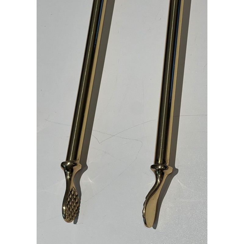 Neoclassical Style Polished Brass Fireplace Companion Set on Columnar Stand with Dish Base