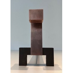 Pair of Brutalist Copper and Wrought Iron Andirons with Geometric Block Finials