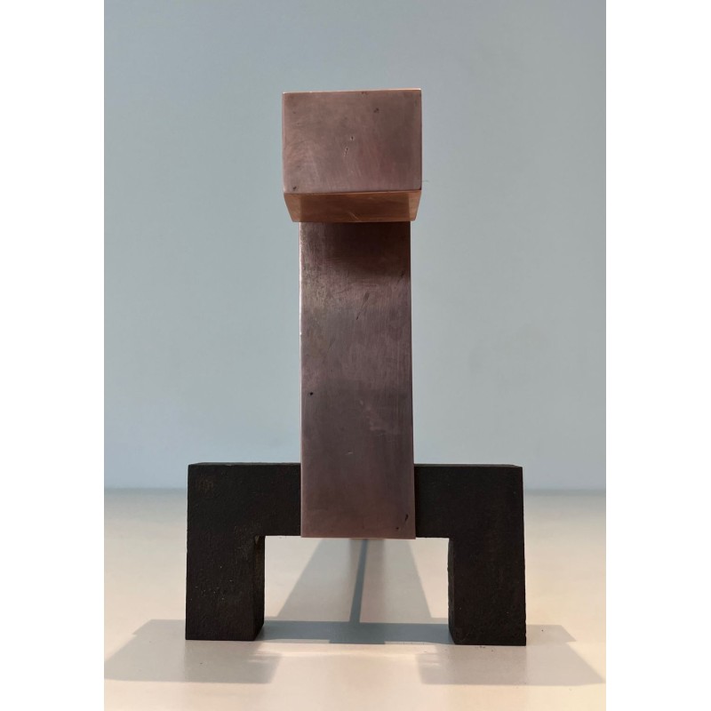 Pair of Brutalist Copper and Wrought Iron Andirons with Geometric Block Finials