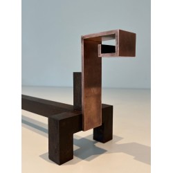 Pair of Brutalist Copper and Wrought Iron Andirons with Geometric Block Finials